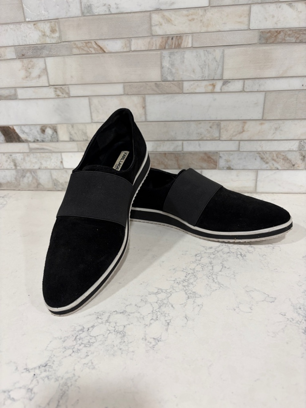 Karl Lagerfeld Women’s Black Suede Slip-On Pointed Toe Loafers Sz 9.5